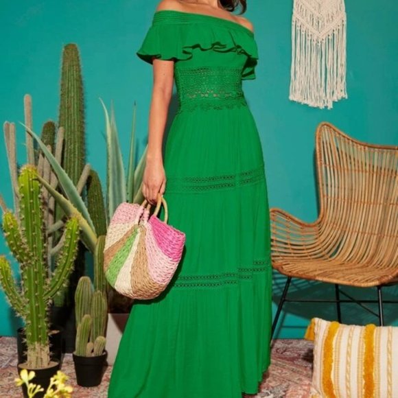 OFF THE SHOULDER MAXI DRESS Green - Picture 2 of 7